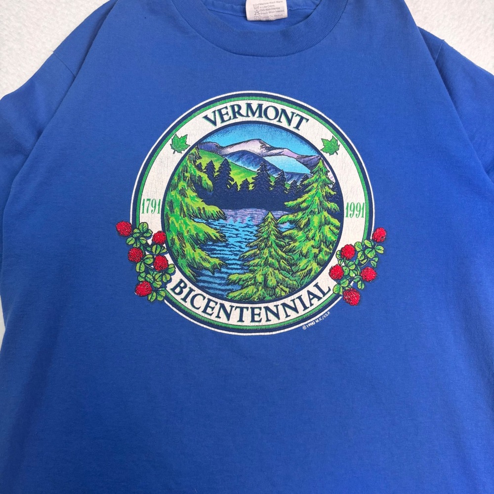 Vintage 1990 Vermont T Shirt USA Made Hanes Fifty Fifty Blue Graphic Tee Large - Picture 2 of 9